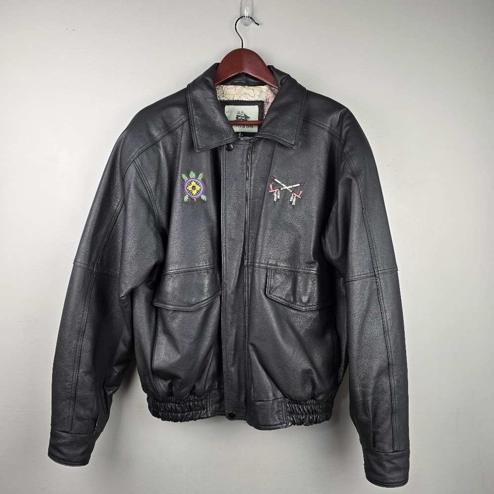 Genuine Leather‎ Bomber Jacket Map Print inside Embroidered Black Womens Size XL